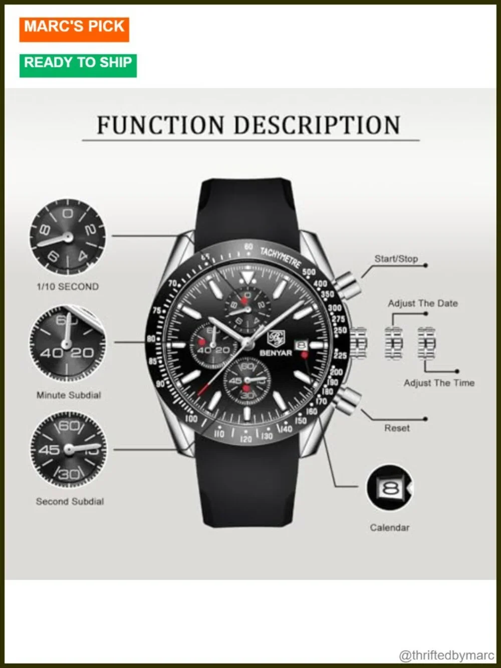 45mm Quartz Chronograph Watch with Leather Band, 30M Water Resistant